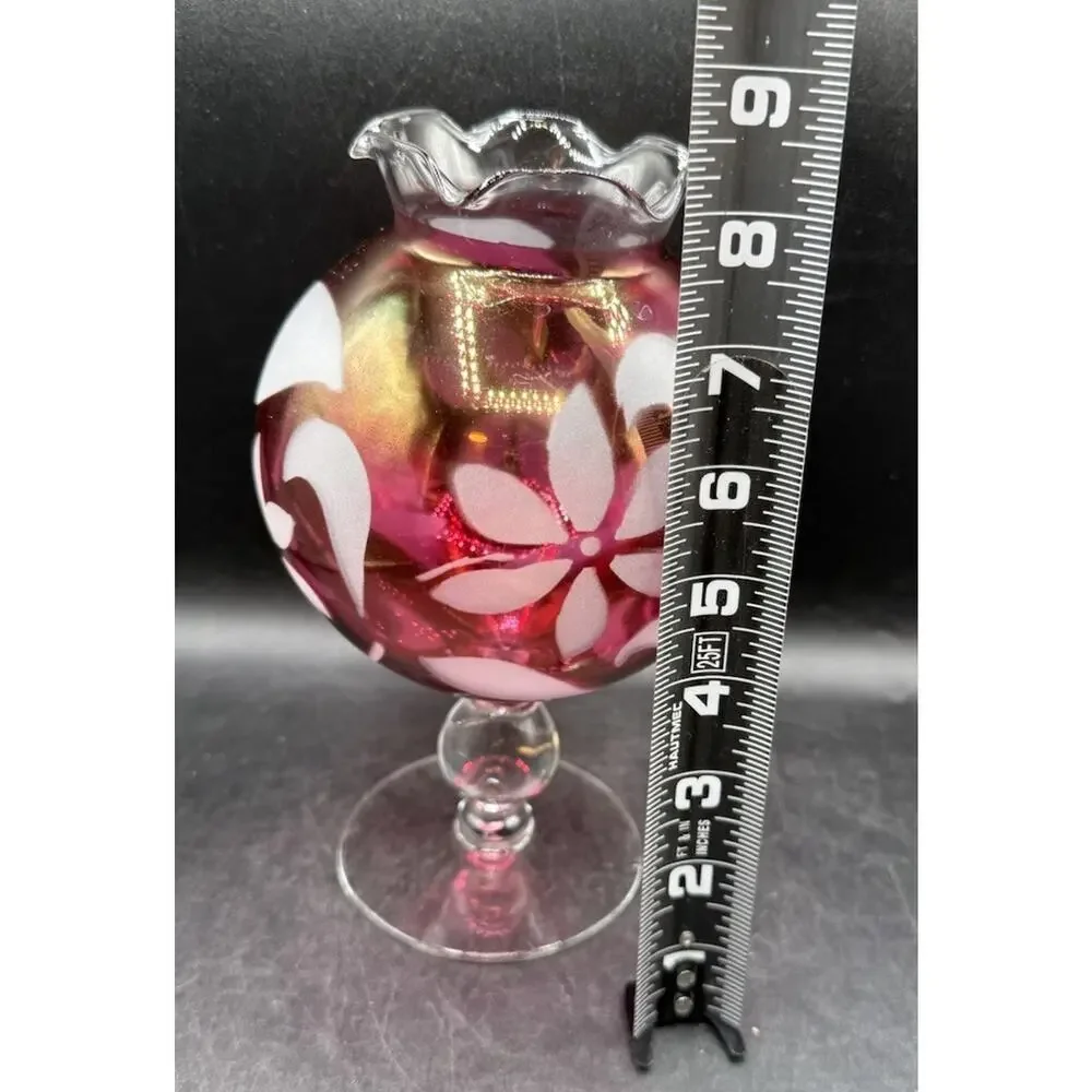 Cranberry Flower Rose Bowl Vase Glass Etched Pedestal Ruffled Rim Vintage